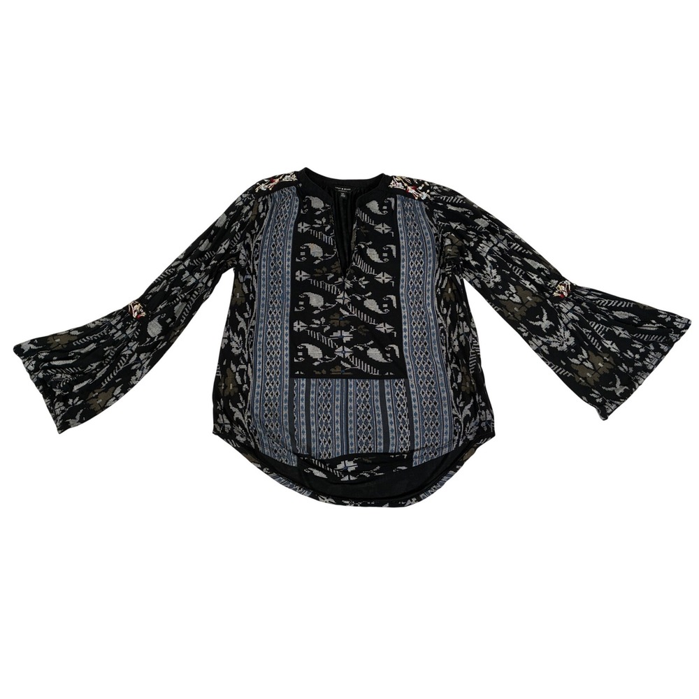 Lucky Brand Womens S Black Blue Ikat Embroidered Bell Sleeve Boho Blouse